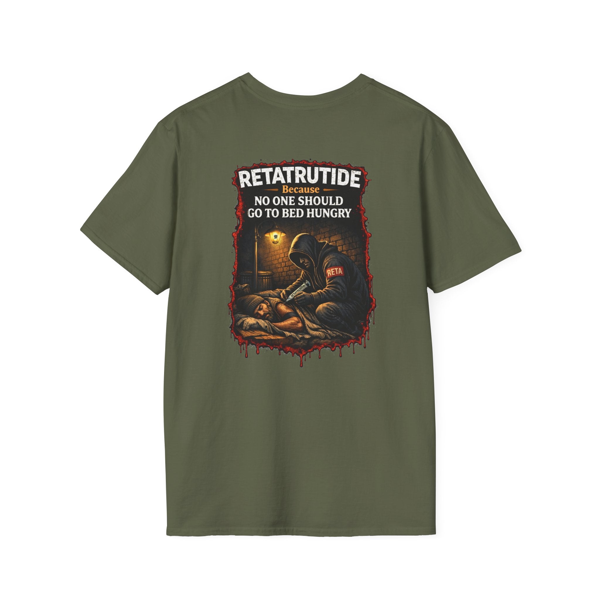 T-Shirt — Retro Hunger Relief Graphic Tee: "Retatrutide — No One Should Go to Bed Hungry"