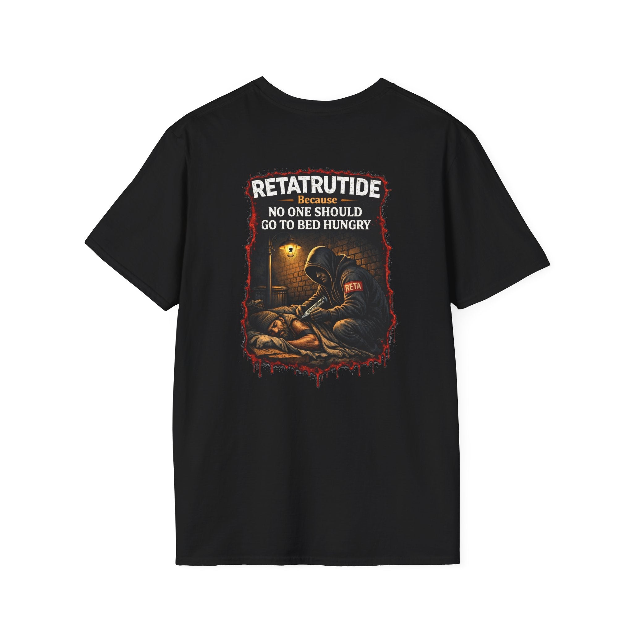 T-Shirt — Retro Hunger Relief Graphic Tee: "Retatrutide — No One Should Go to Bed Hungry"